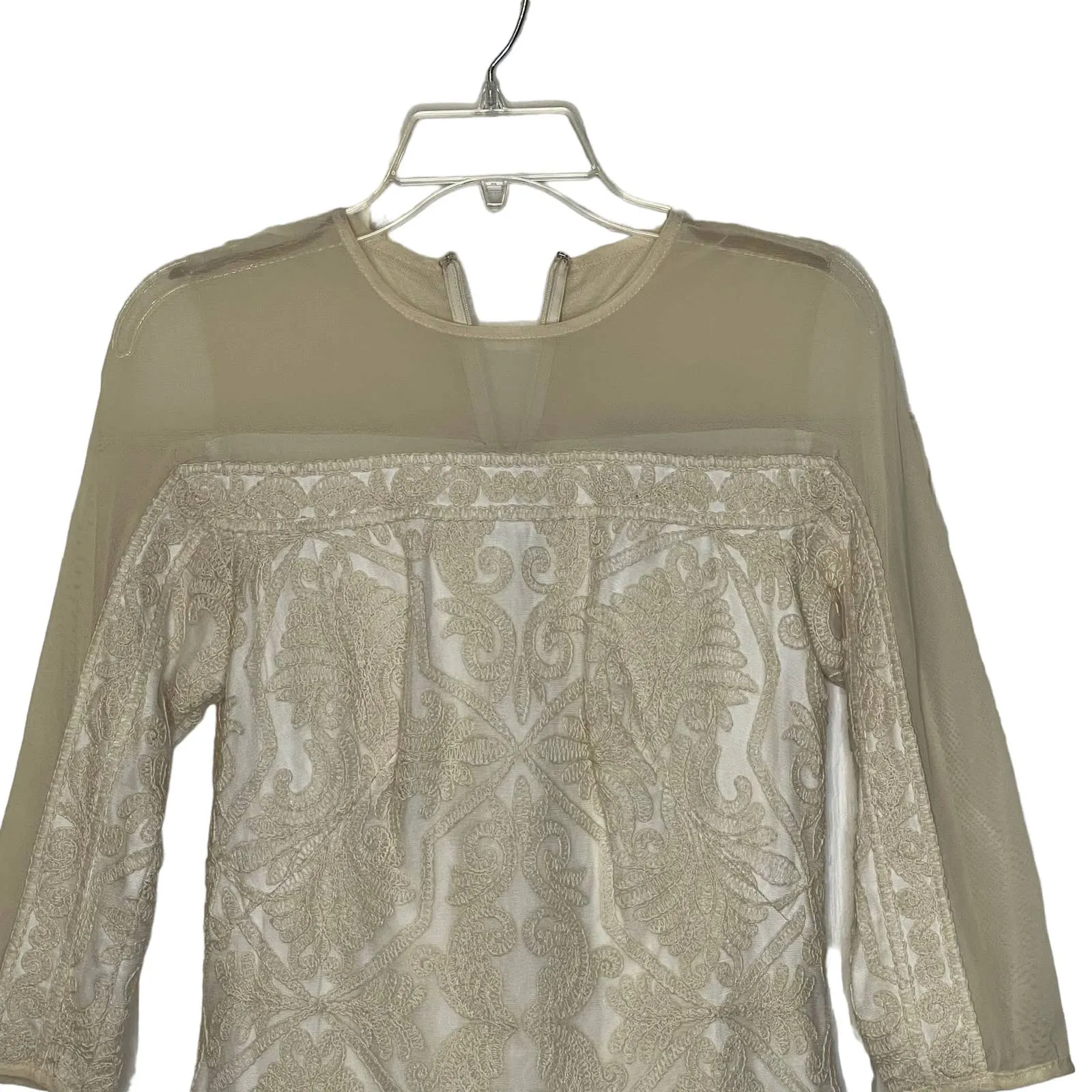Tadashi Shoji Embroidered Mesh Tulle Sheath Dress Lined 3/4 Sleeve‎  6 Women Tan - Image 2