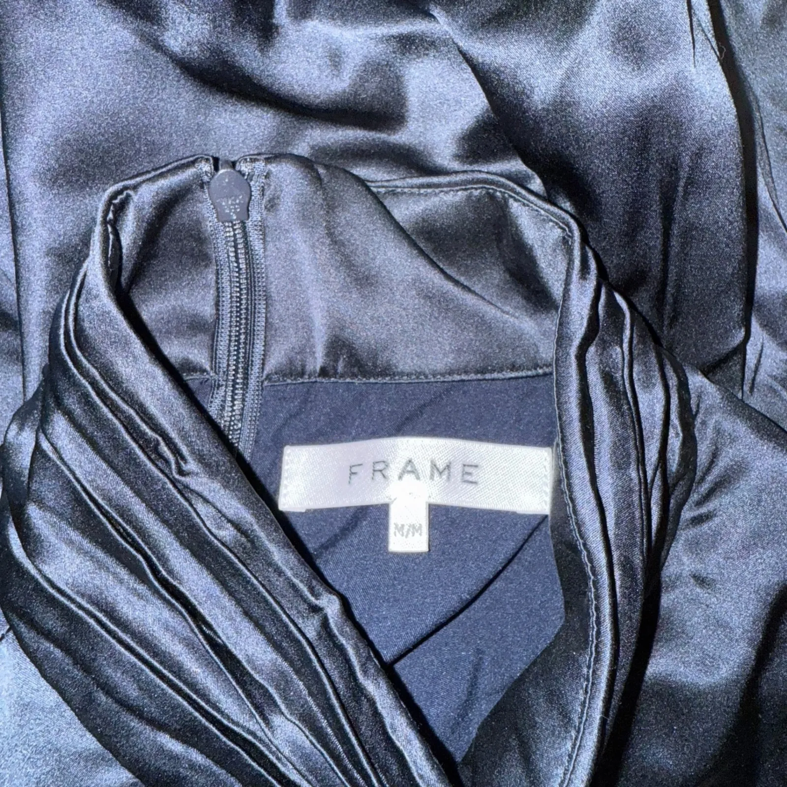 FRAME Navy Silk Ruched Mock Neck Button Front Long Sleeve Blouse Top‎ - Image 9