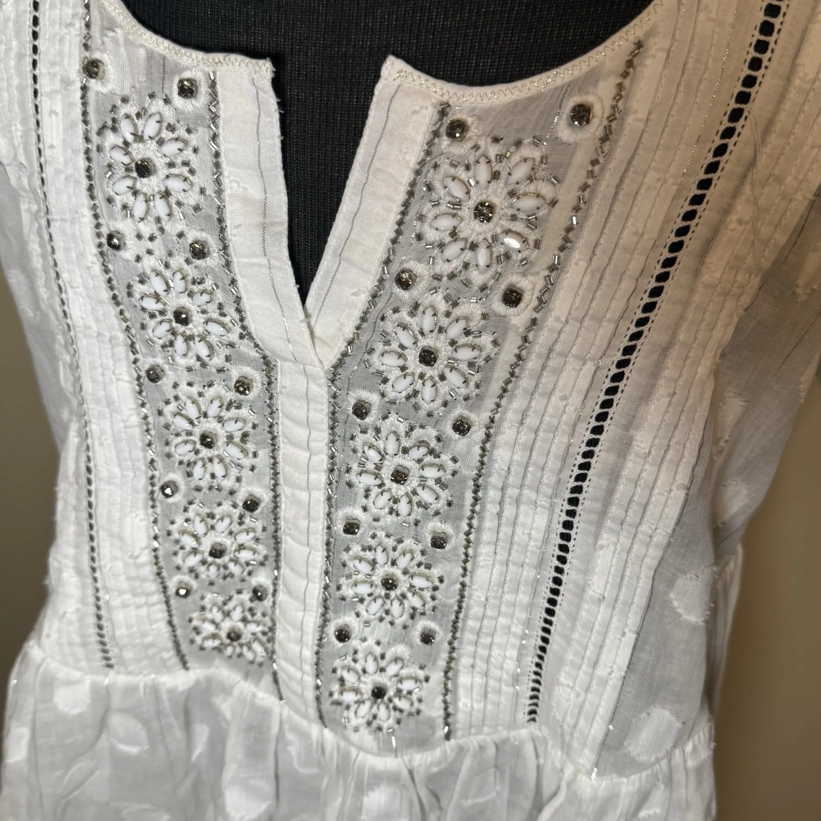 $129 New Anthropologie Leifsdottir Serein Boho Jeweled Top White/Silver Sz 2 White - Image 3