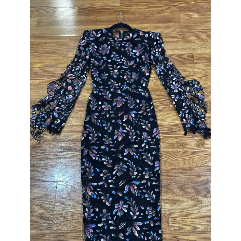 ALEX PERRY LIBERTY PAINTED FRENCH FLORAL LACE DRESS size 4 Black - Image 11