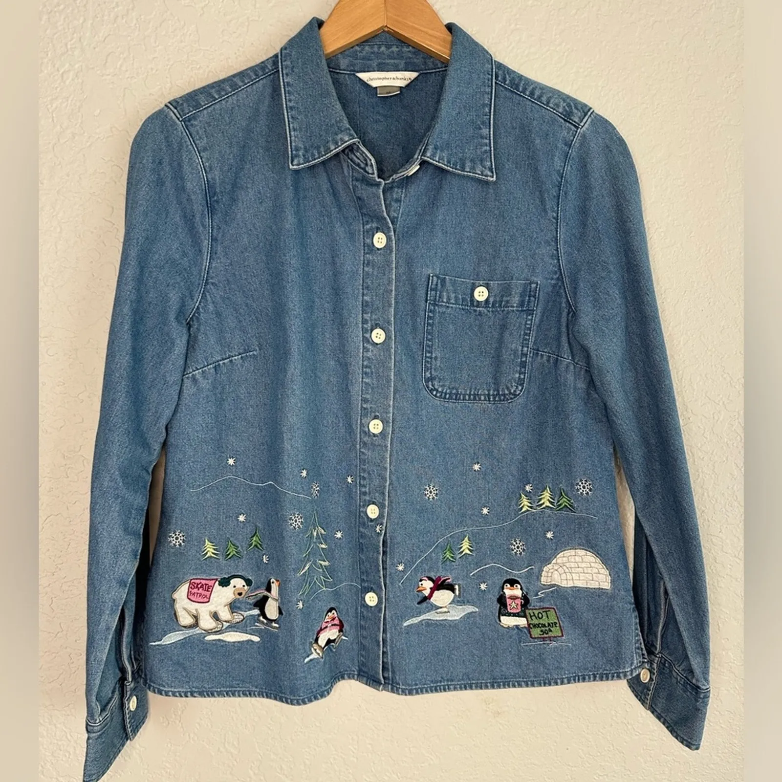 Christopher & Banks Denim Embroidered Button Up Shirt Polar Bear Snow Teacher - Image 1
