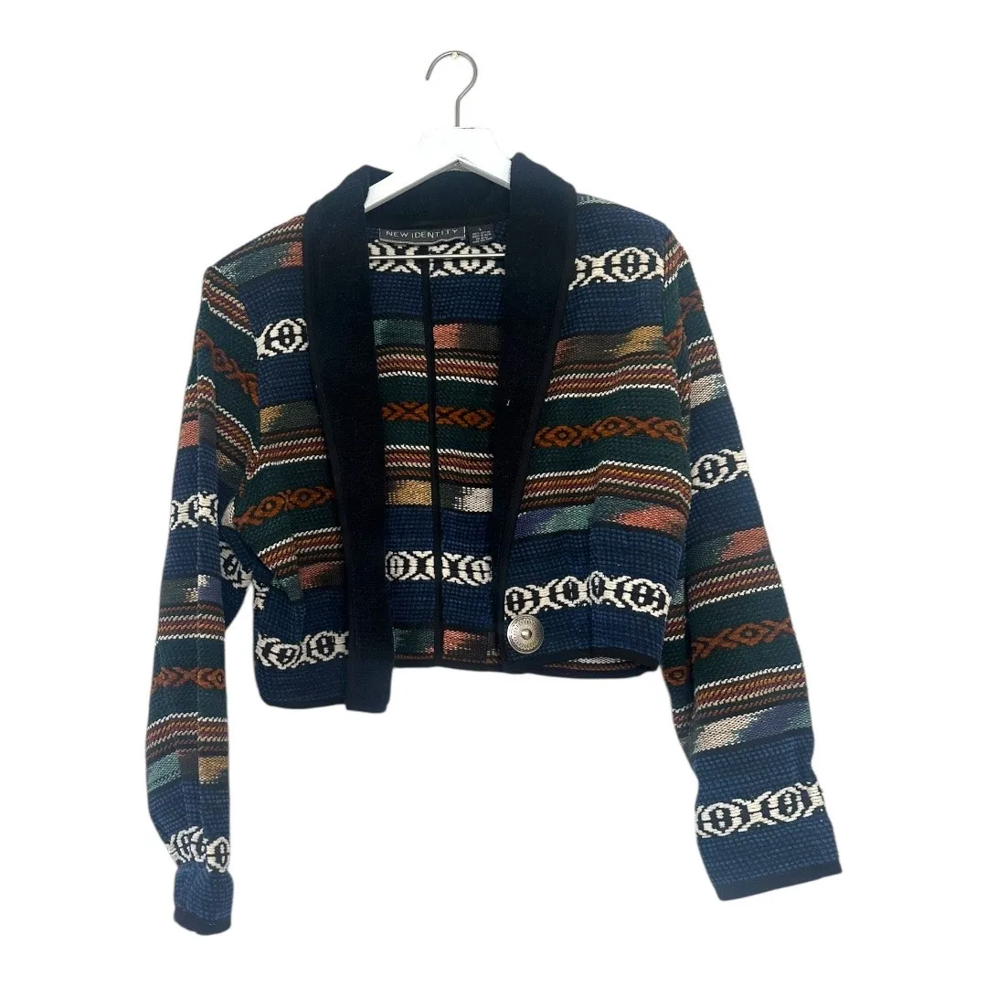 New Identity 100% Cotton Southwestern Knit Cropped Cardigan Jacket Size Large Black - Image 3