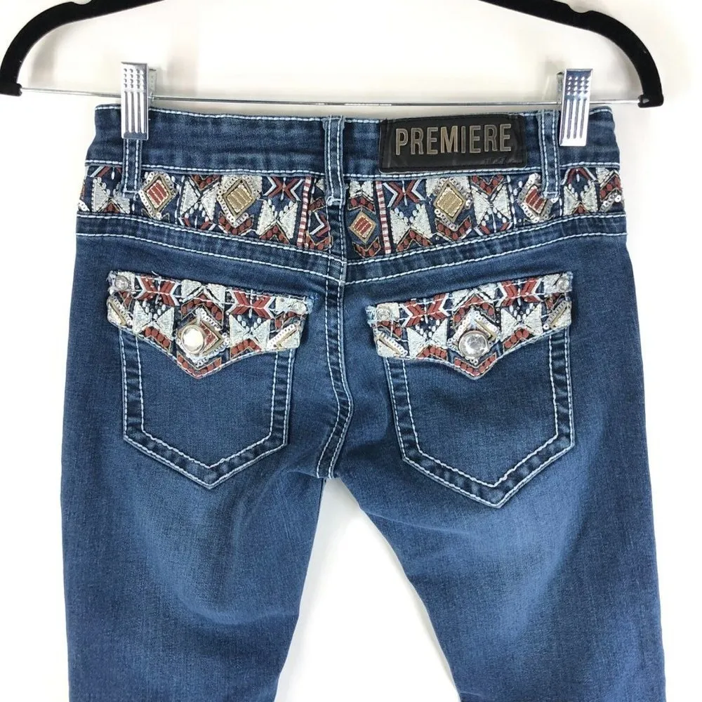 Premire by Rue 21 Womens Jeans Slim Boot Embroidered Dark Wash 1/2S Blue Size 2 - Image 3