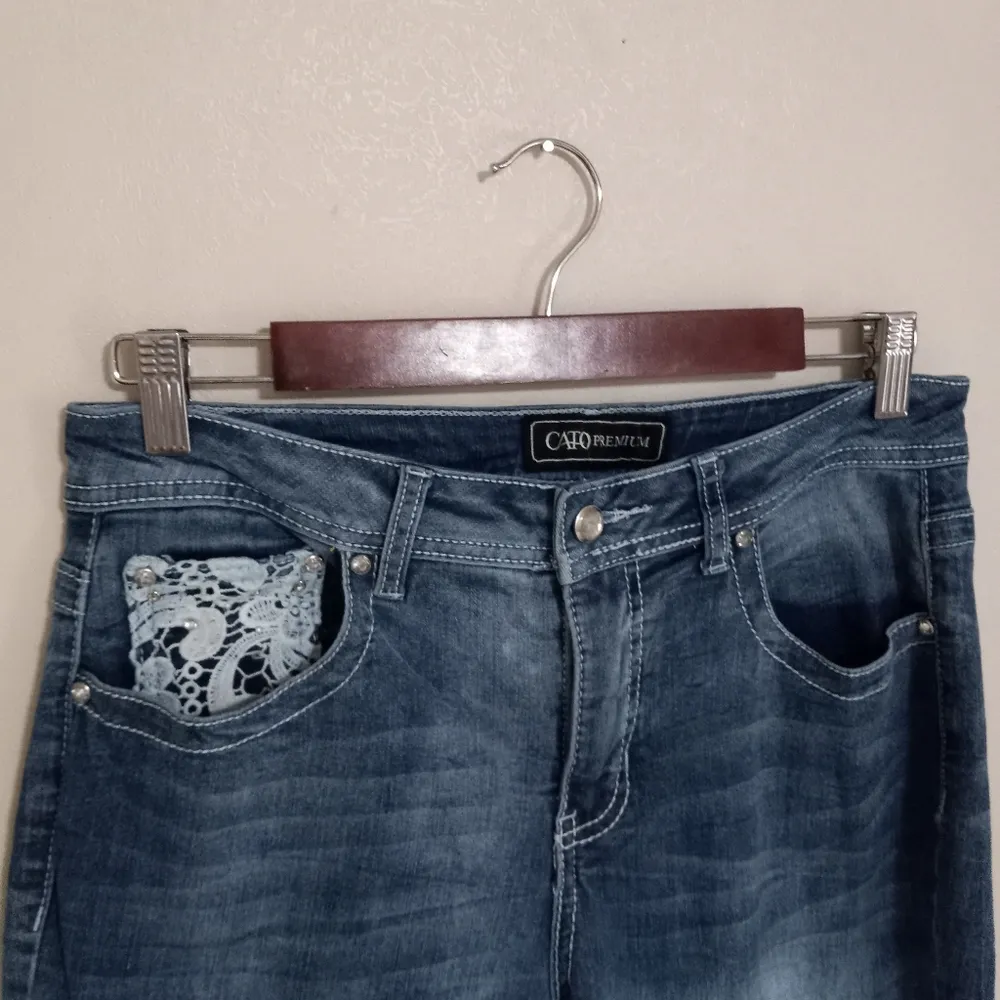 Cato Premium 12 32x32 Bling Crystal Crocheted Lace Flap Pocket Distressed Jeans - Image 8