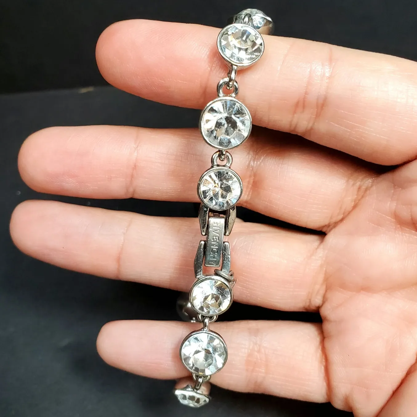 Givenchy Clear Rhinestone Silver Tone Bracelet 3.5" Signed Vtg - Image 2