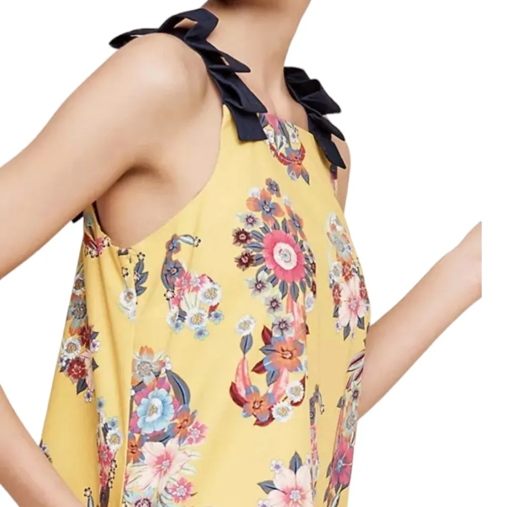 Anthropologie Maeve Sunniva Yellow Floral Bow Detail Aline Mini Dress Size Small - Image 2