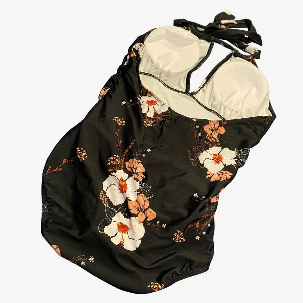 Women's One Piece Swimsuit XL Brown Floral Print - Image 3