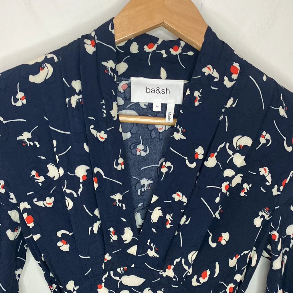 BA&SH Silia shirred tie-waist floral print crepe asymmetric hem midi dress sz 4 - Image 6