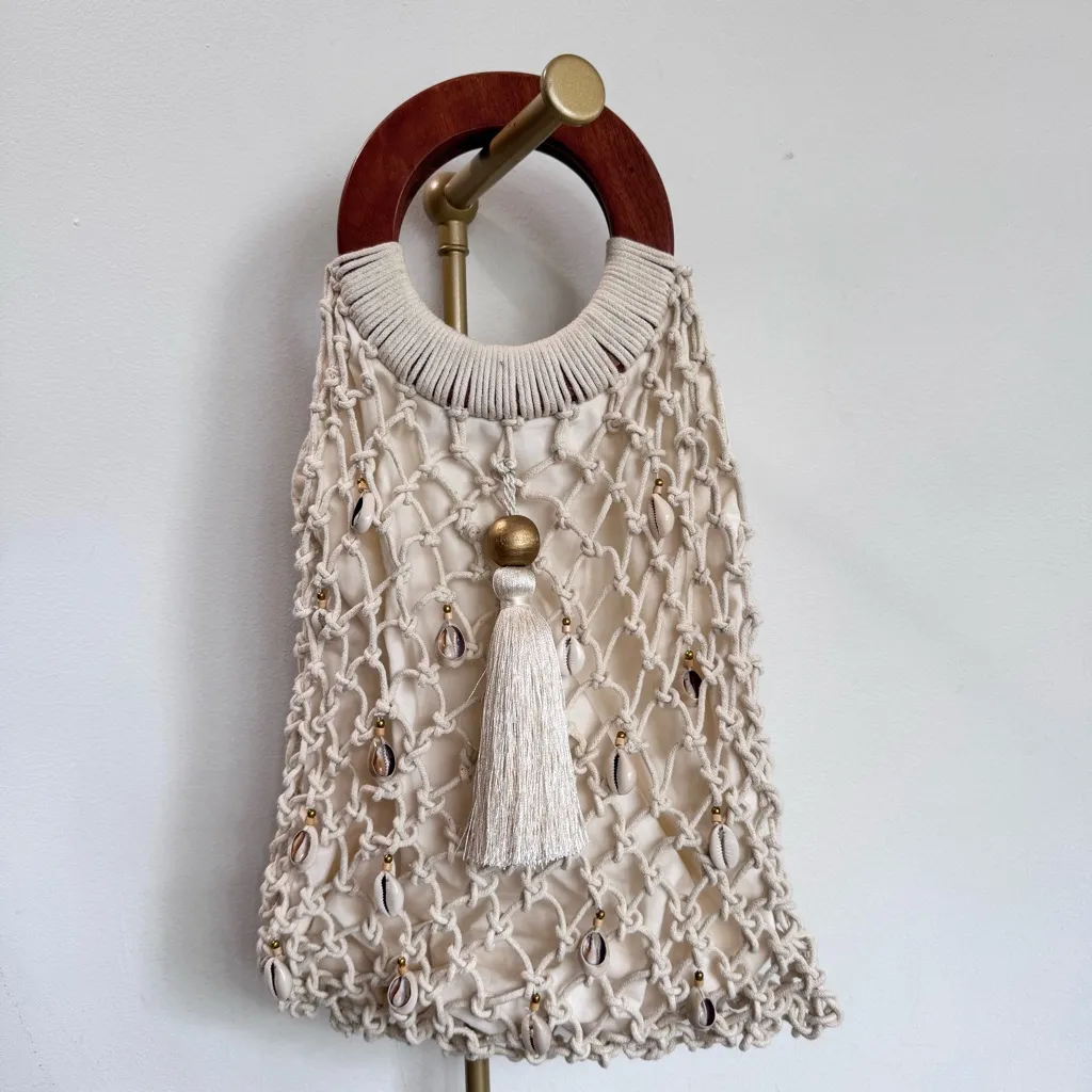 Anthropologie Shiraleah Macrame Handbag Fringe Tassel Beachy Coastal Wood Handle - Image 11