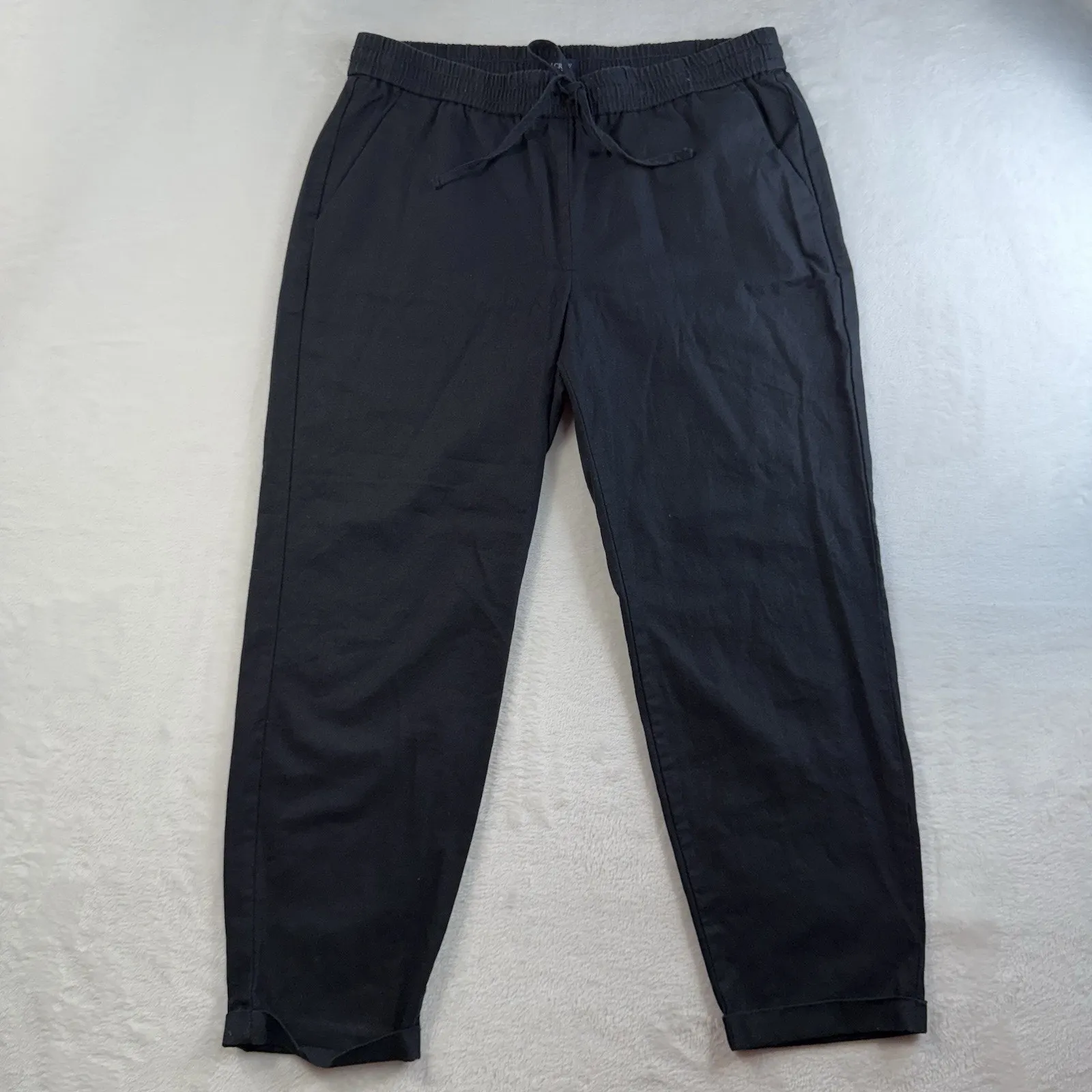 J.Crew Sz 12 Striped Linen Cotton Blend Drawstring Pants Cropped Cuffed Black - Image 3