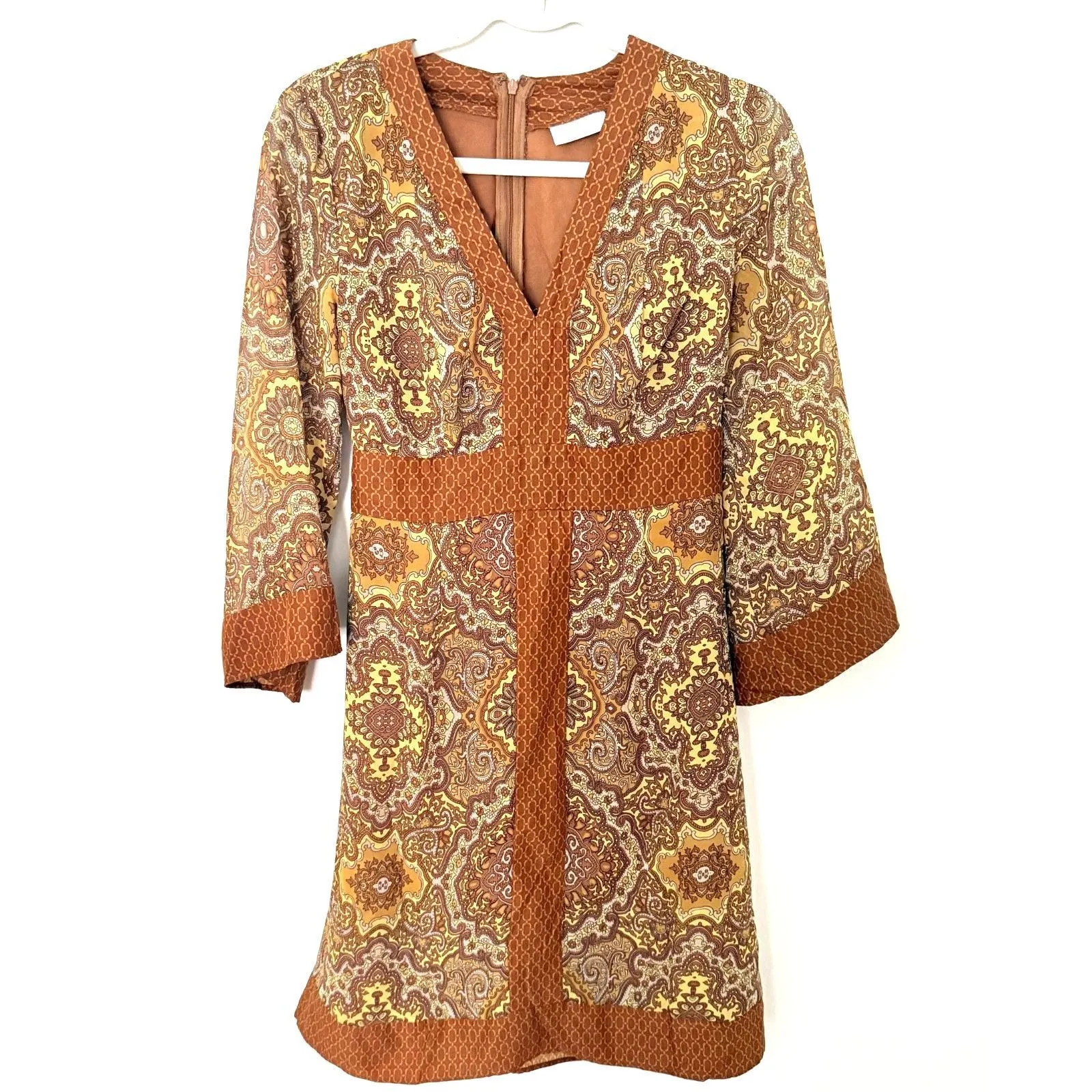 NY&Co Brown Damask Belted Dress Retro Style 3/4 Sleeves V-Neck Chic Sz S - Image 2