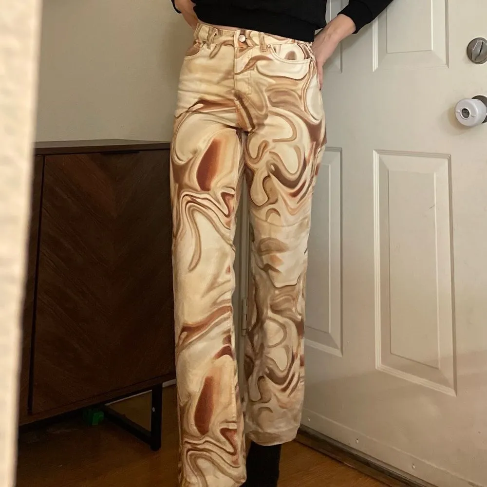 Zara Funky Marbled Flare Jeans Size 26 Cream Brown‎ - Image 2