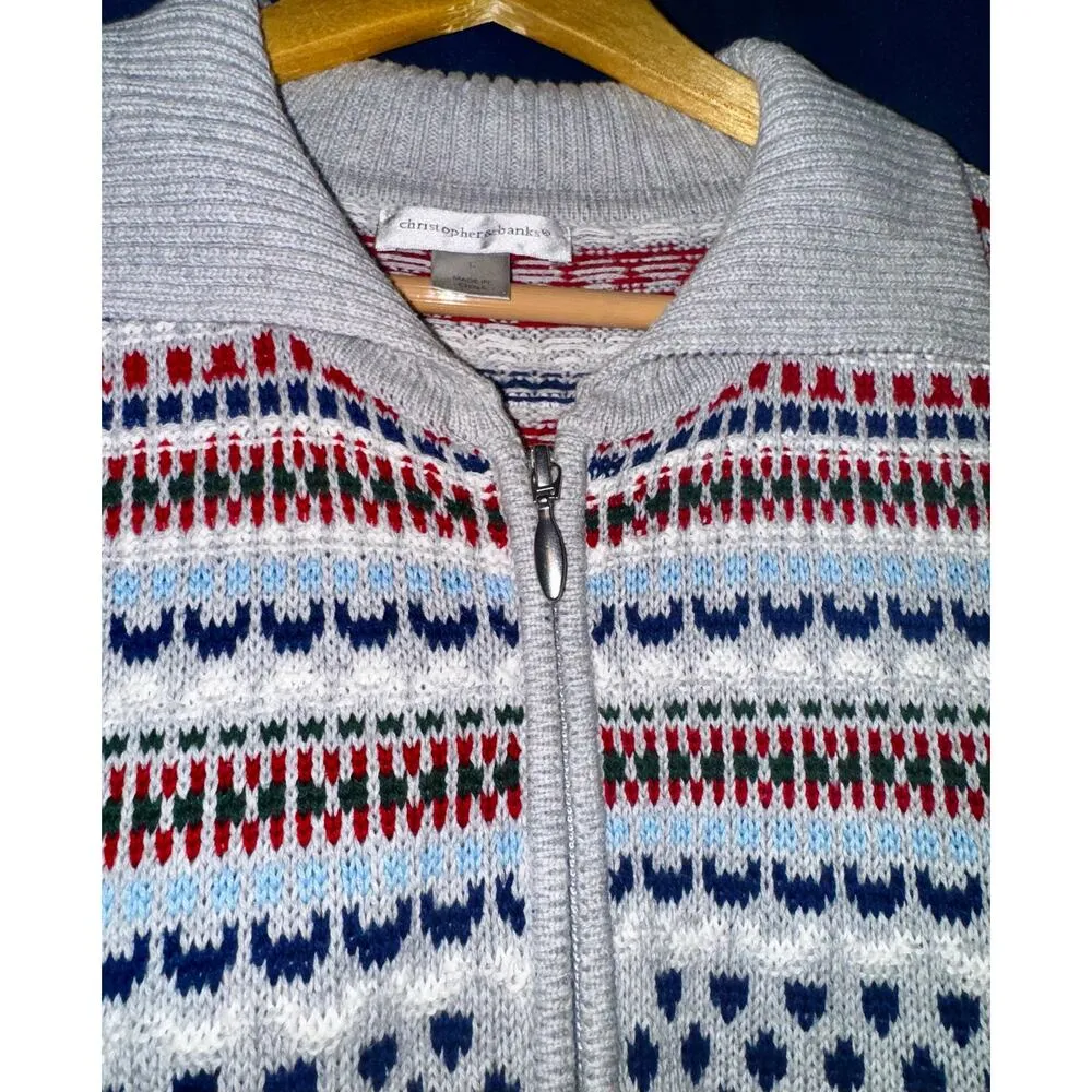 Christopher Banks Full Zip Cardigan Sweater Gray Fair Isle Womens Large Holiday - Image 3