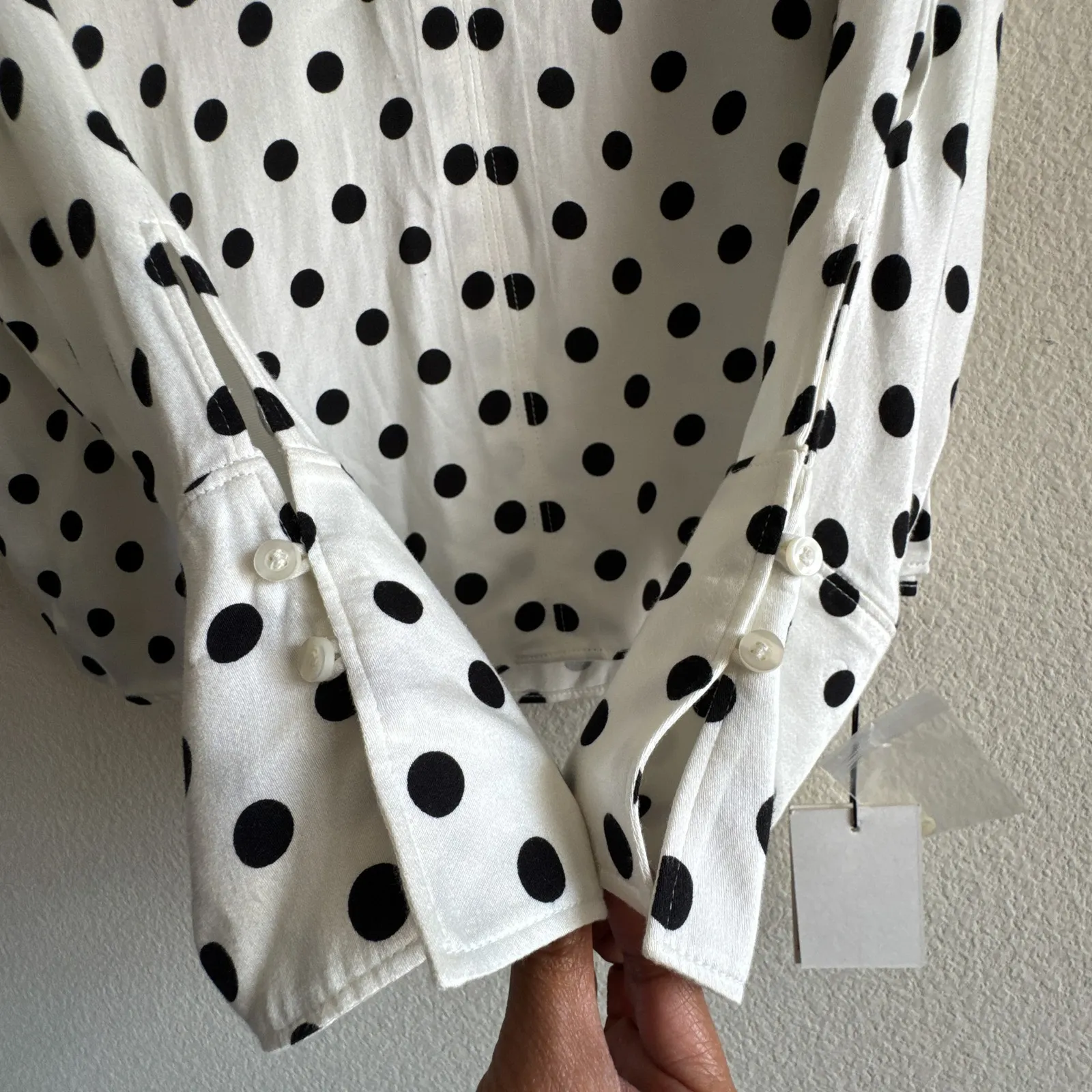 Something Navy Polka Dot Ivory Black Long Sleeve Button Cuff Top Blouse - Image 6