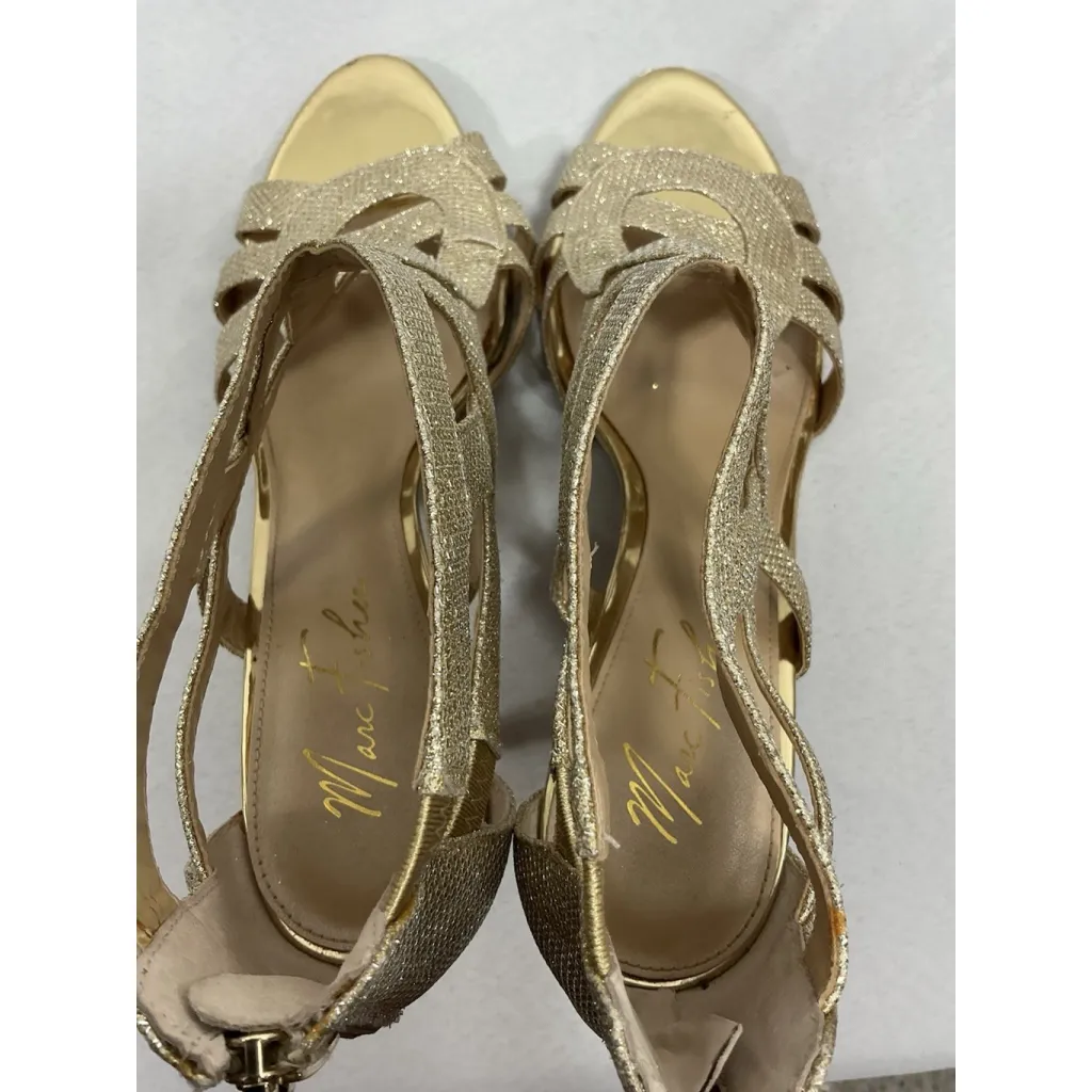 Womans Marc Fisher Stiletto Formal Sandals 11 M Gold Sparkly Strappy Back Zip - Image 6