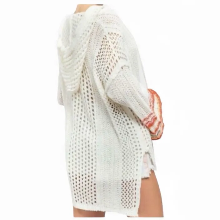 POL SUNSET CROCHET BOHO HOODIE WHITE SWEATER Knit Orange STRIPED SLEEVES SIZE L - Image 4