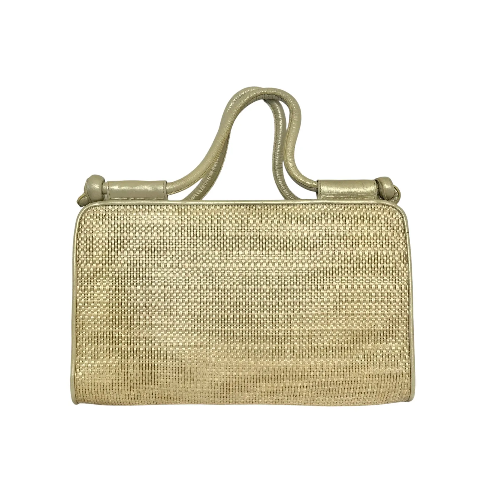 Vintage Stuart Weitzman Shimmering Leather Woven Straw Evening Bag Satchel - Image 3