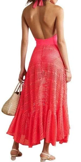 PATBO Crochet Beach Dress Halterneck Neon Coral Resort Influencer Medium NWT - Image 2