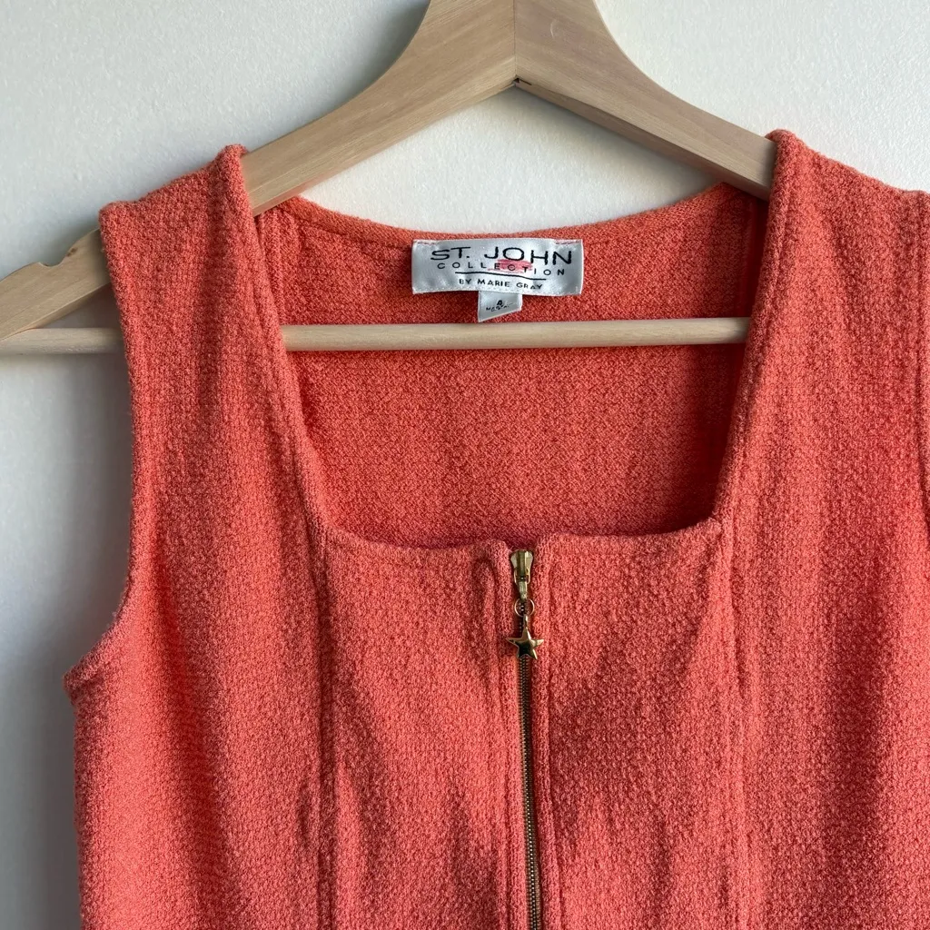 St. John Coral Orange Textured Knit Sleeveless Zip Front Dress with Pockets Sz 4 - Image 2