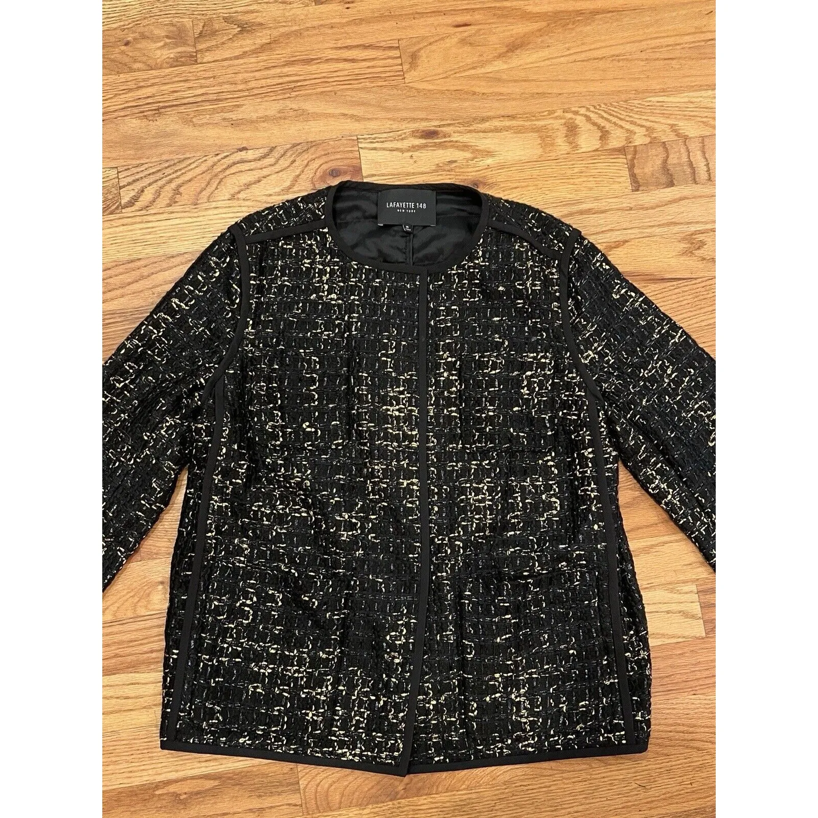 Lafayette 148 New York Black Gold Tweed Metallic Jacket Top Sz M Button Career - Image 2