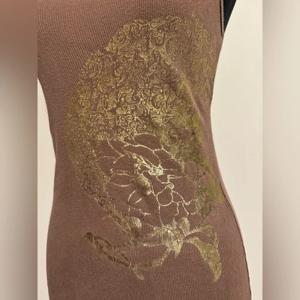 Preloved Bisou Bisou Brown and Gold Floral Design Tank Top size small - Image 4