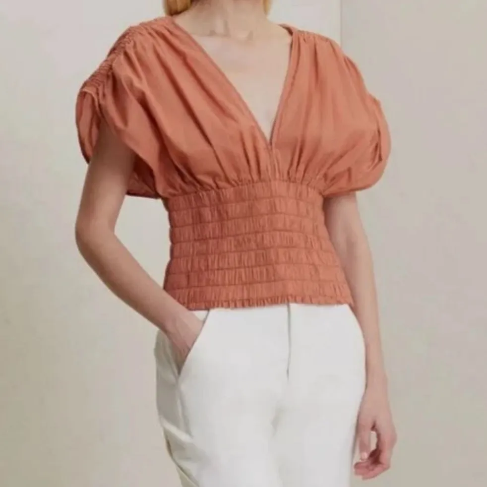 A.L.C. Luna Shirred V Neck Cotton Top in Armagnal Dusty Coral size 0 $295 - Image 3