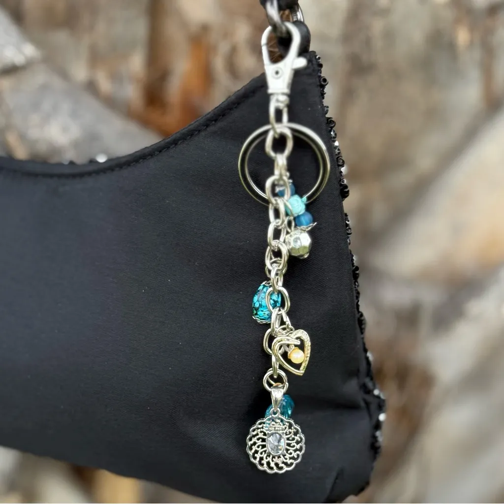 Blue Filigree Handmade Bag Charm Keychain | One of a Kind | Crystal Accessory - Image 1