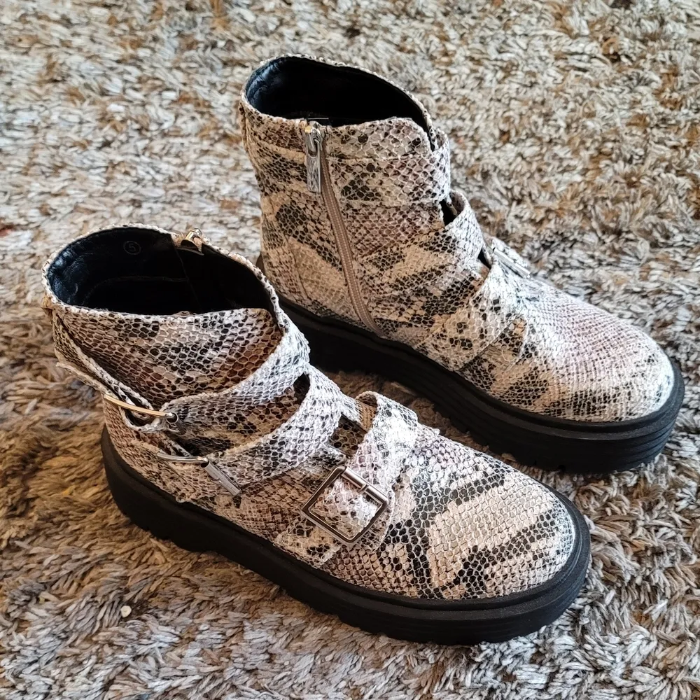 Pretty Little Thing Faux Snake Print Double Sole Triple Buckle Biker Boots 5 - Image 2