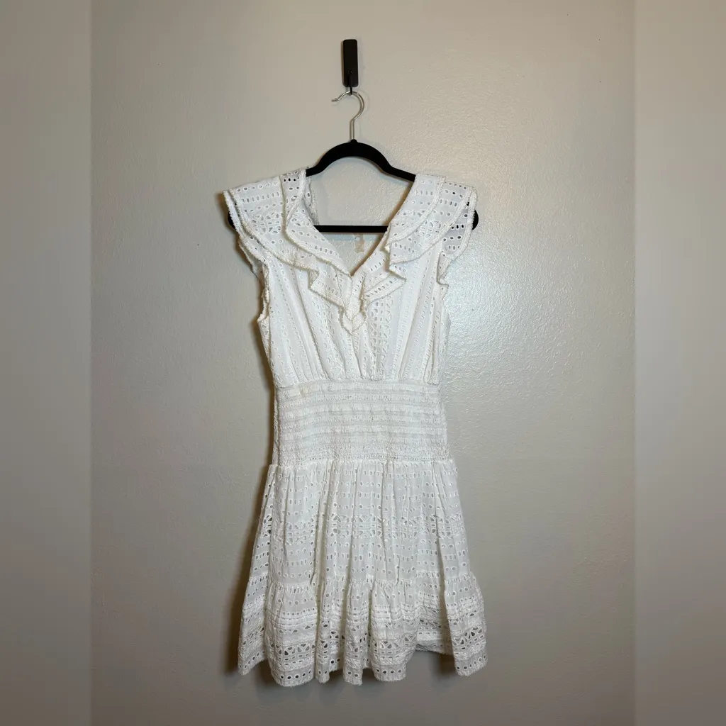POUPETTE ST BARTH Della Embroidered White Ruffle‎ Eyelet Lace Mini Dress - Image 7