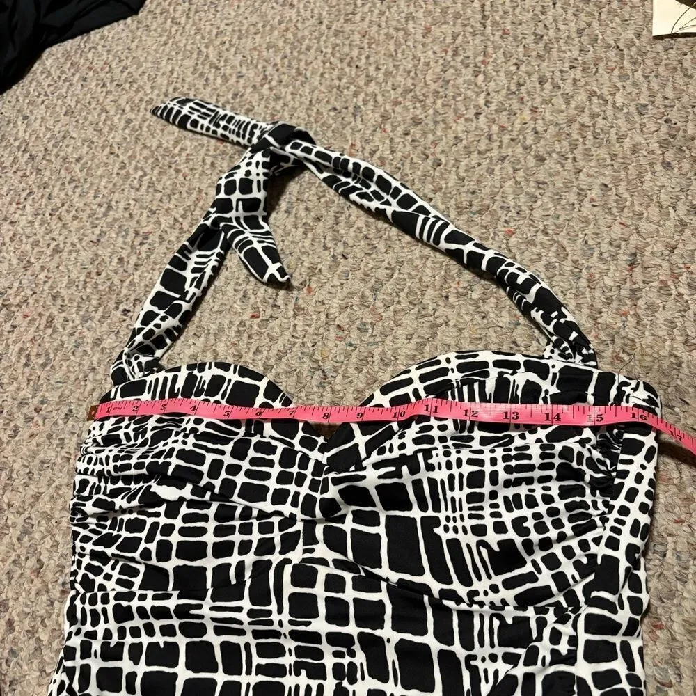 Miraclesuit Tankini Top Barcelona Check Halter Black White Slimming- Size 14 - Image 4