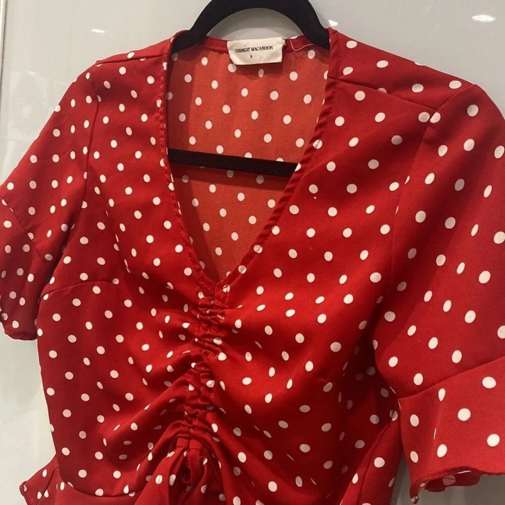 Goodnight Macaroon Women's Short Sleeve Red White Polka Dot Blouse Tie Ruffle S - Image 3