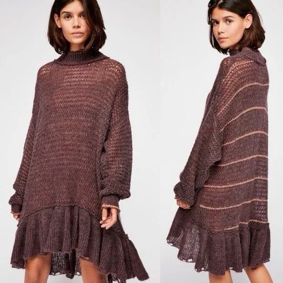 Free People Float On Peplum Tunic Sweater BlackBerry Purple Stripes Sz Small - Image 2