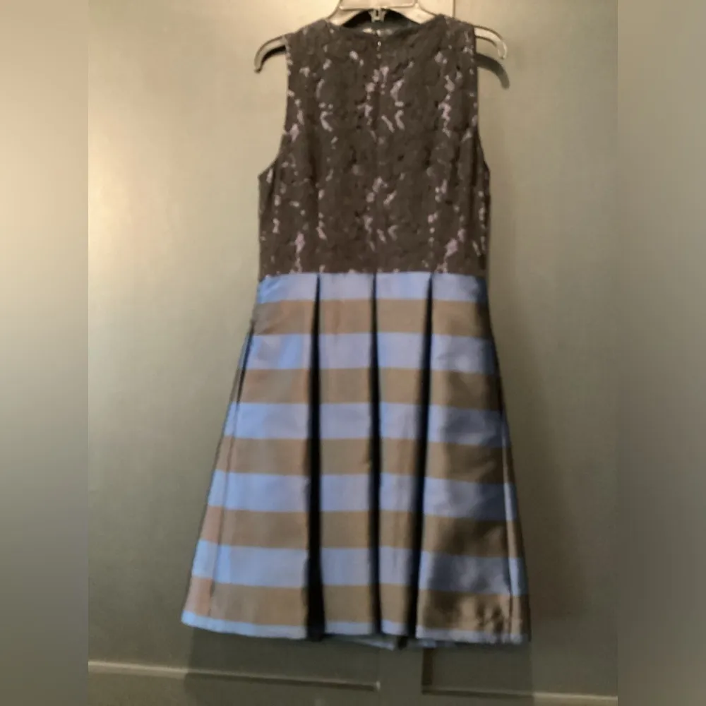 Eliza J Missy Sleeveless A Line black blue striped lace pleated mini dress 4 - Image 2