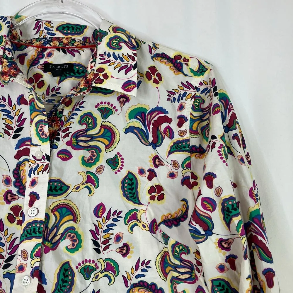 Talbots Petite | Cream Paisley Floral Button Up Blouse 100% Cotton Womens LP - Image 2