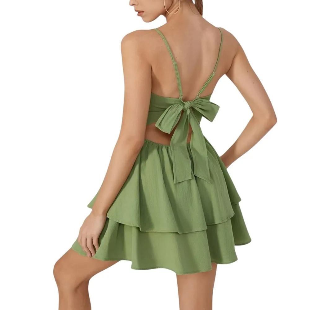 Halara Backless Adjustable Straps Green Sleeveless Tiered Dress - Image 2