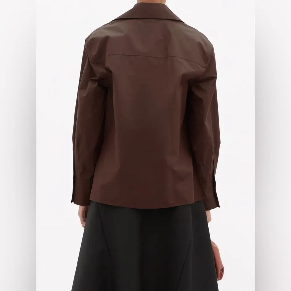 Jill Sander Tie-neck Organic-cotton Poplin Brown Blouse Long Sleeve V Neck - Image 4