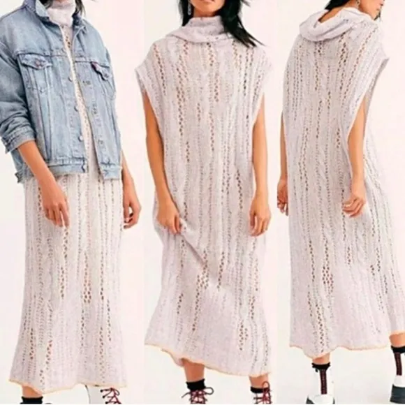 New NWT Free People Pirouette Knit Cowl Neck Long Tunic Sugar Cloud Combo wool - Image 2