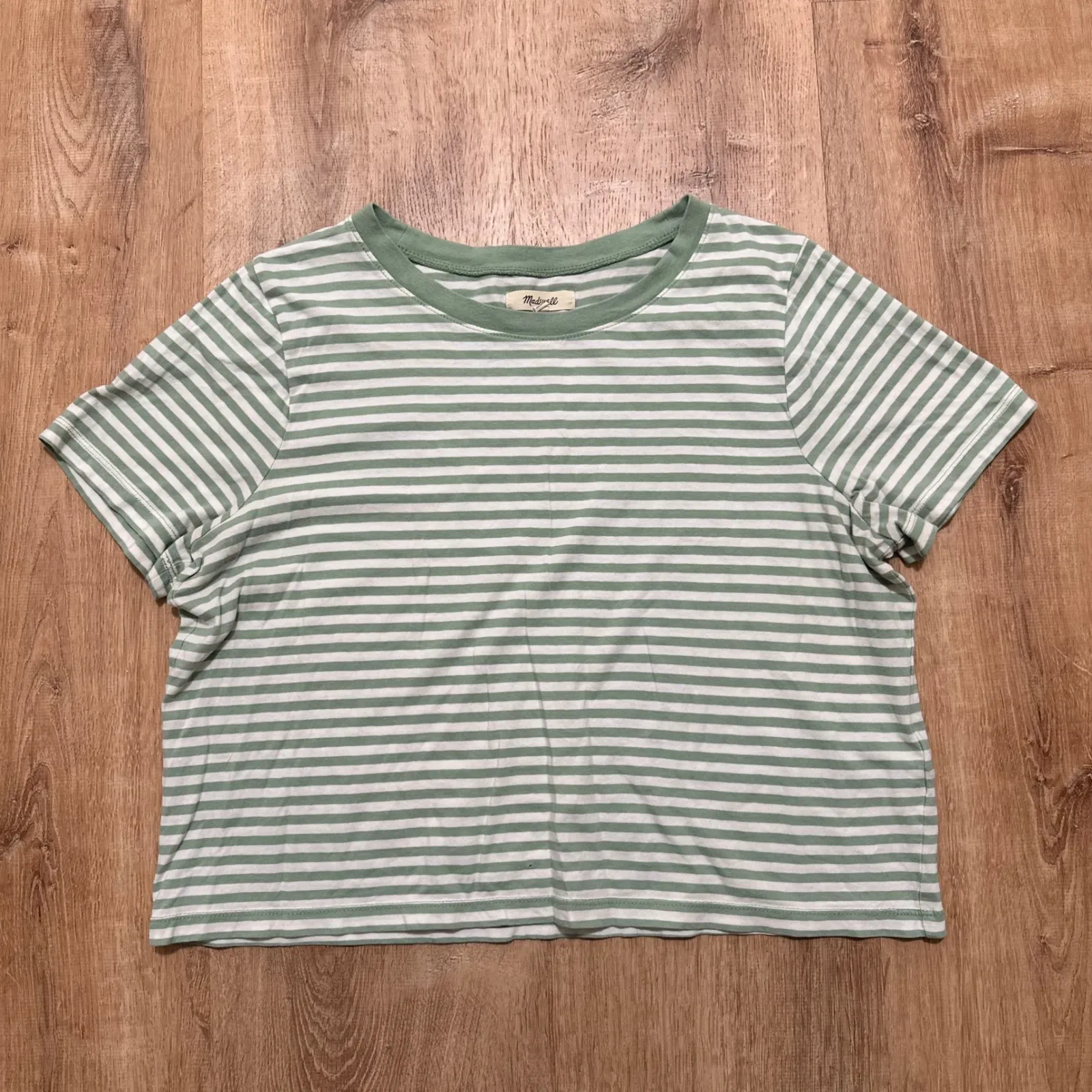 MADEWELL | Softfade Green White Cotton Boxy-Striped Cropped T-Shirt, Size M - Image 4