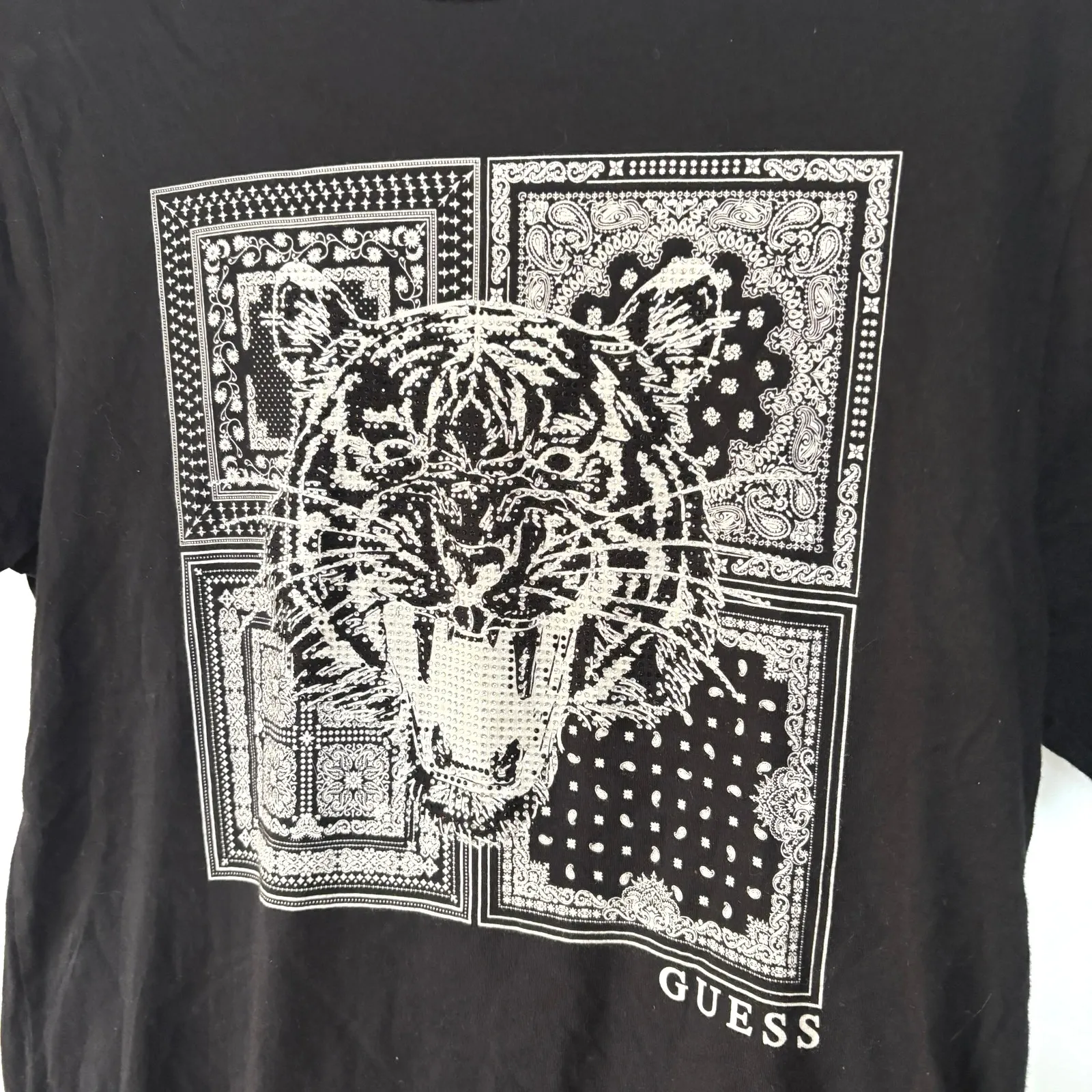 Guess Black Rhinestone T-Shirt Bedazzled Tiger McBling Graphic Baby Tee Medium - Image 2