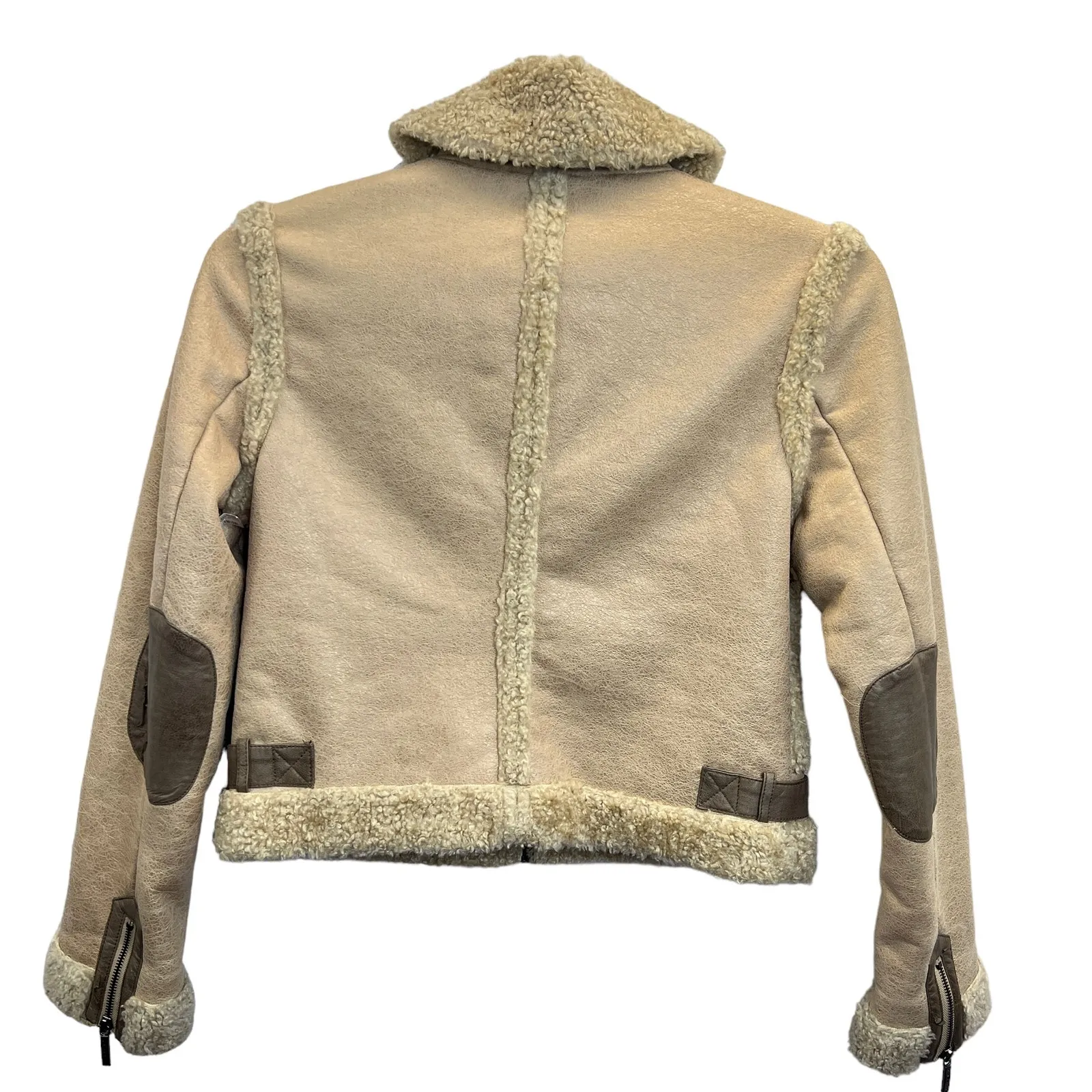 Ashley B Sherpa Faux Suede Moto Jacket M Beige Zip Vegan Leeather Cozy Warm Tan Size M - Image 5