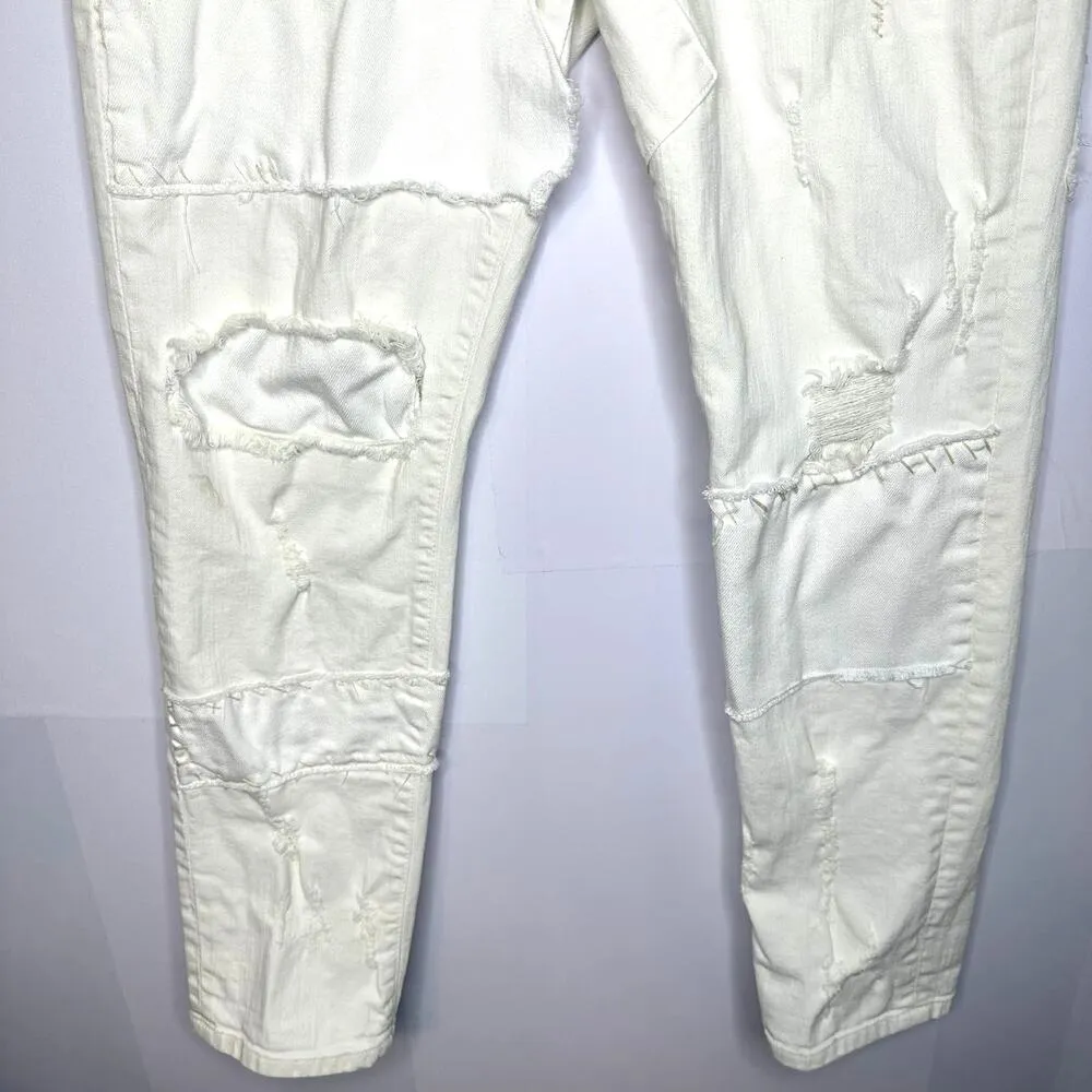 Current/Elliott The Fling White Moto Distressed Slim Boyfriend Patch Jeans 28 - Image 4