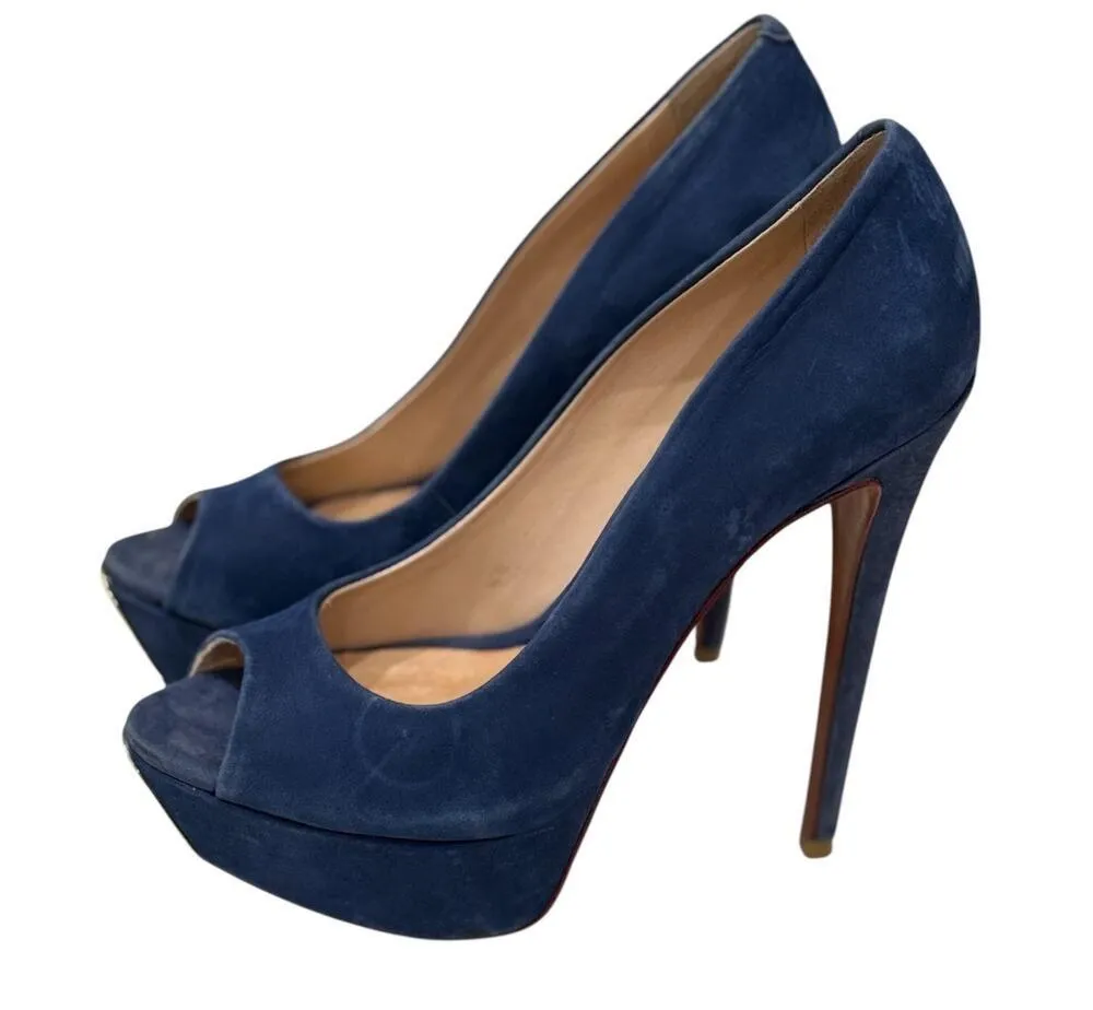 Schutz Navy Suede Peep Toe Platform Heels Gold Tip Size 6B / EU 37 - Image 2