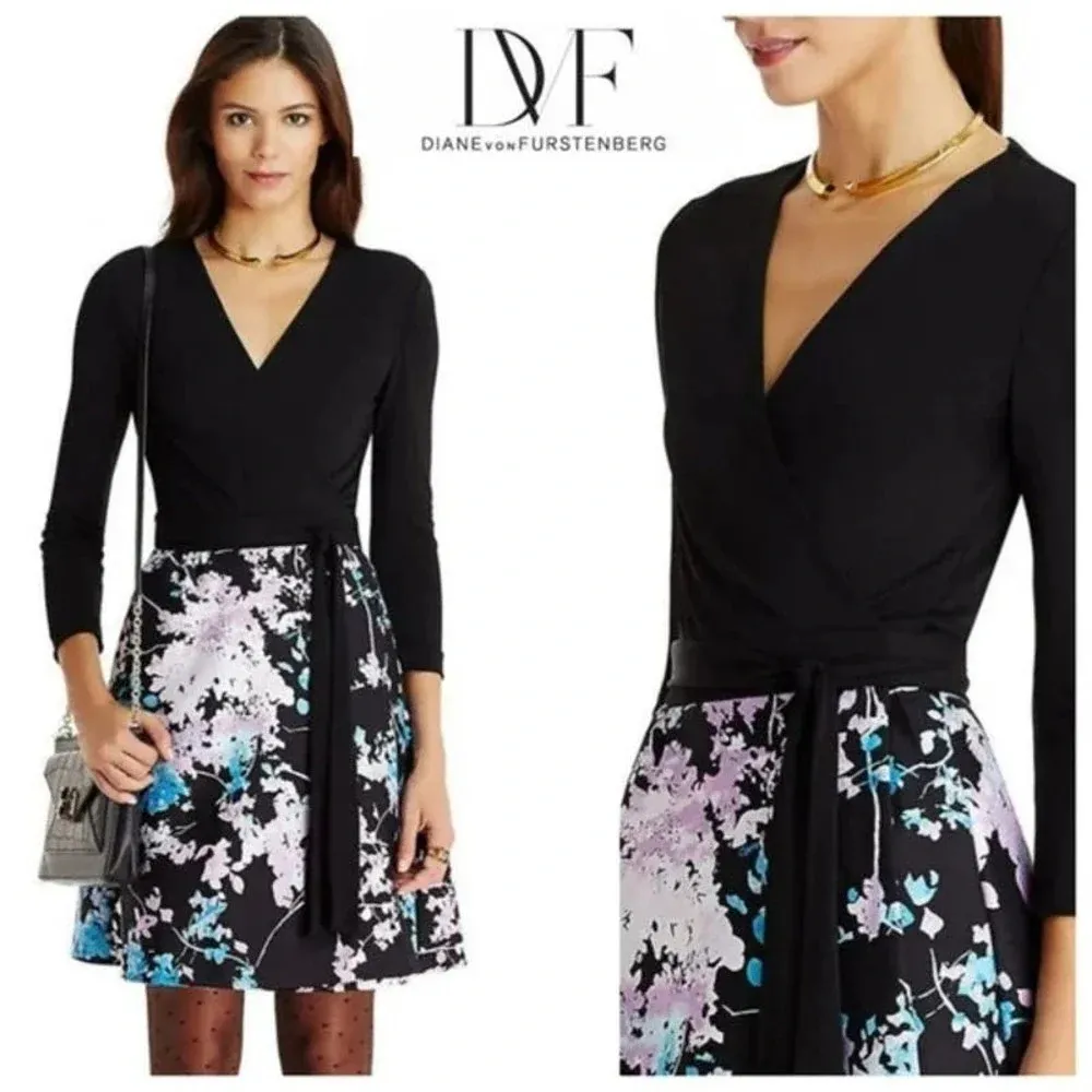DIANE VON FURSTENBERG Valerie Dress Black Floral Size 2 Wrap Silk Blend - Image 3