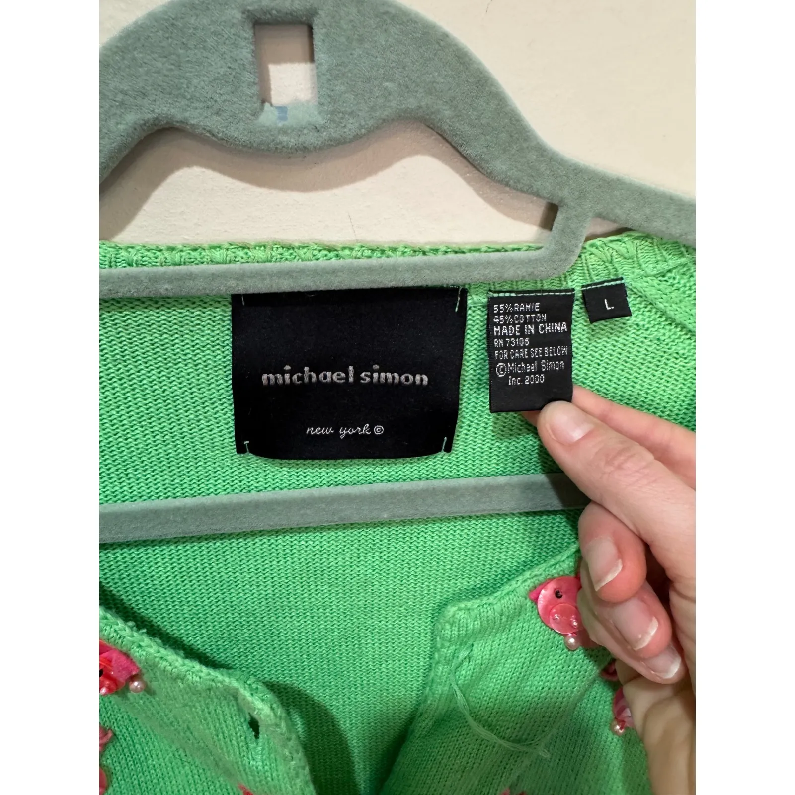 Michael Simon Pig Applique Green Cardigan Sz L Size L - Image 4