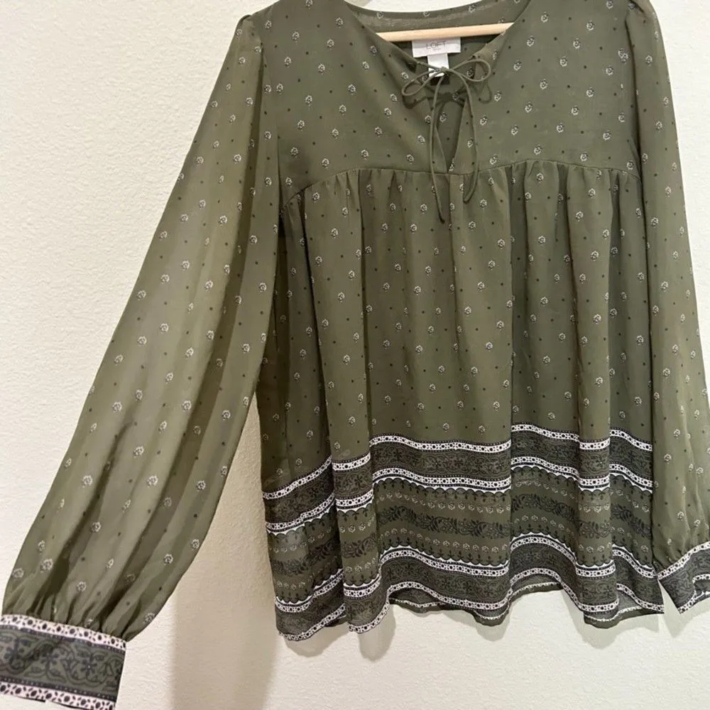 LOFT Floral Keyhole Babydoll Top Womens Size‎ S Long Sleeve Sheer Green - Image 3