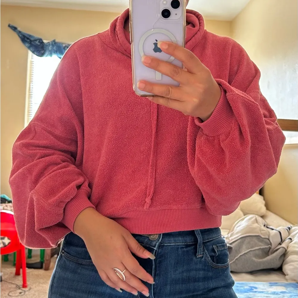 Free People Red Cowl Neck Fleece Crop Sweater Size xs Women - Image 5