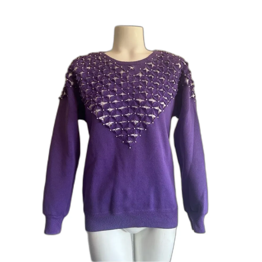 Vintage Handmade Embellished Sweatshirt M Purple Size M - Image 9