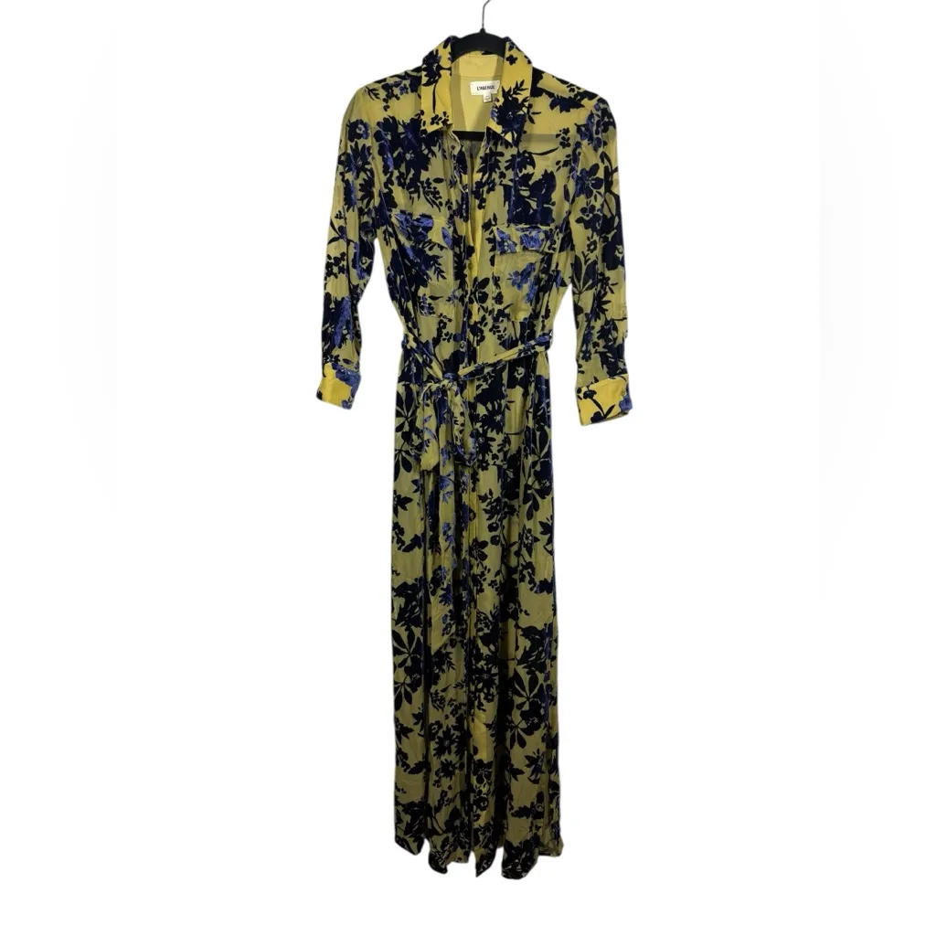 L’Agence Cameron Belted Devore Shirt Dress In Chartreuse Floral Burnout Sz XS - Image 2