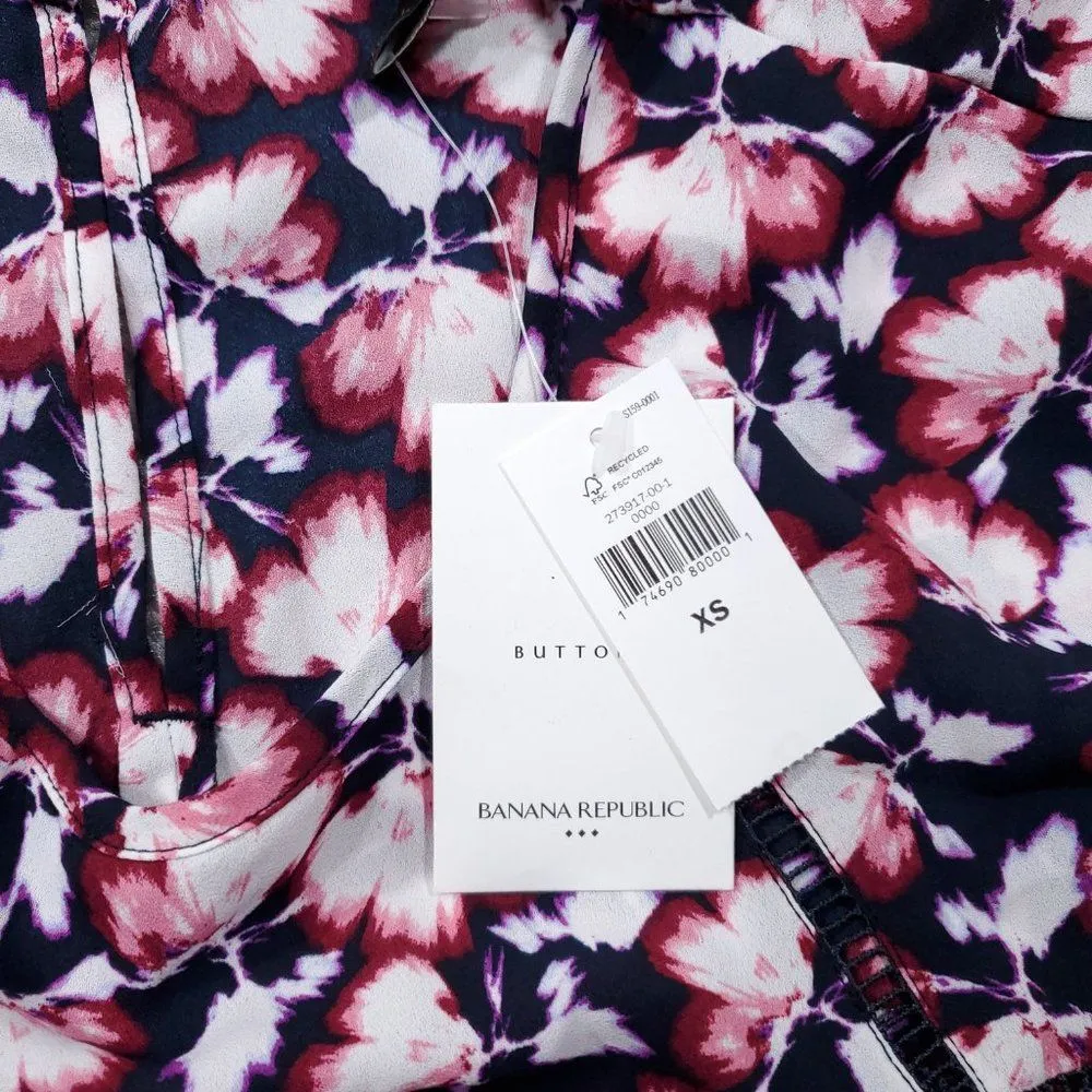 Banana Republic Factory Floral Pleated Ruffle Hem Top Black Pink Size XS - Image 4