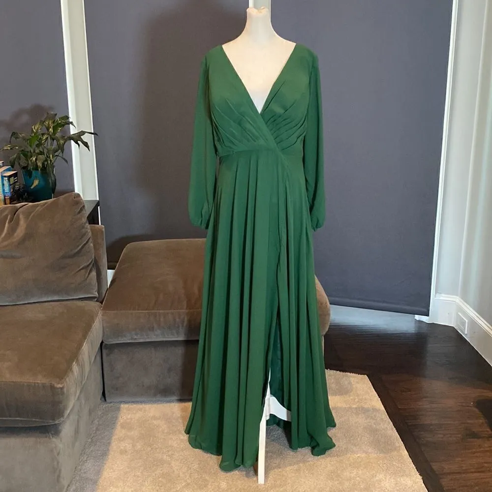 Women’s Green Chiffon Full Length Long Sleeve Dress Corset Back Leg Slit Size 12 - Image 8